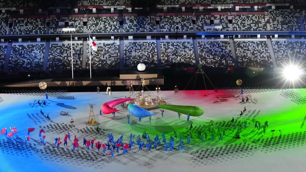 Actors perform during the opening ceremony for the 2020 Paralympics at the National Stadium in Tokyo, Tuesday, Aug. 24, 2021. (AP Photo/Eugene Hoshiko)